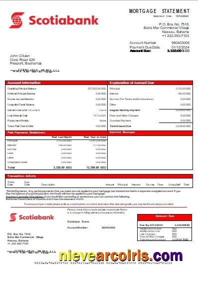 Bahamas Scotiabank bank mortgage statement